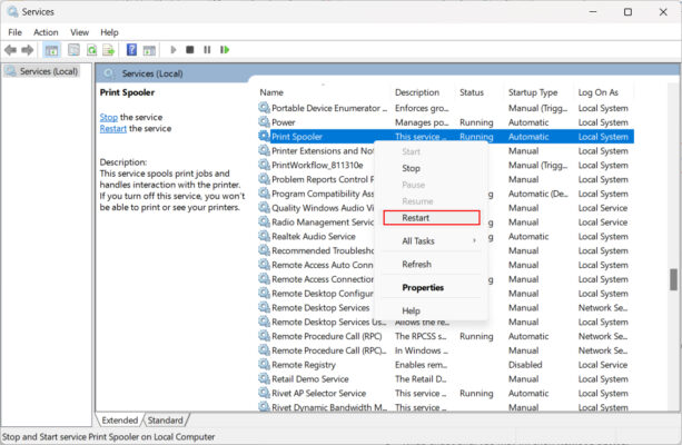 Khởi Động Lại Dịch Vụ Print Spooler