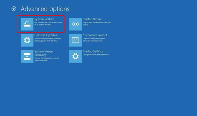 Sửa Lỗi Màn Hình Xanh INACCESSIBLE BOOT DEVICE 8 Sử Dụng System Restore
