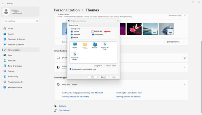 Sửa Lỗi Mất Icon Thùng Rác Trên Windows (7, 8, 10, 11) 2 Hiển Thị Lại Icon Thùng Rác Từ Cài Đặt Giao Diện