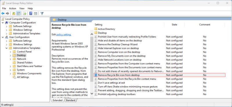 Sửa Lỗi Mất Icon Thùng Rác Trên Windows (7, 8, 10, 11) 4 Khôi Phục Icon Thùng Rác Bằng Group Policy Editor