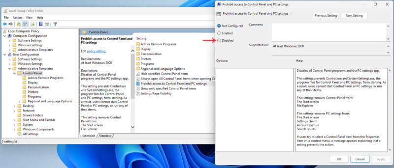 Sửa Lỗi Mất Icon Control Panel Trên Windows (7, 8, 10, 11) 4 Kiểm Tra Cài Đặt Ẩn Control Panel Bằng Group Policy