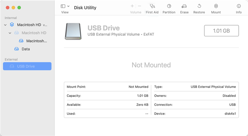 Kiểm Tra Trong Disk Utility Nếu USB Không Hiện Trên Finder