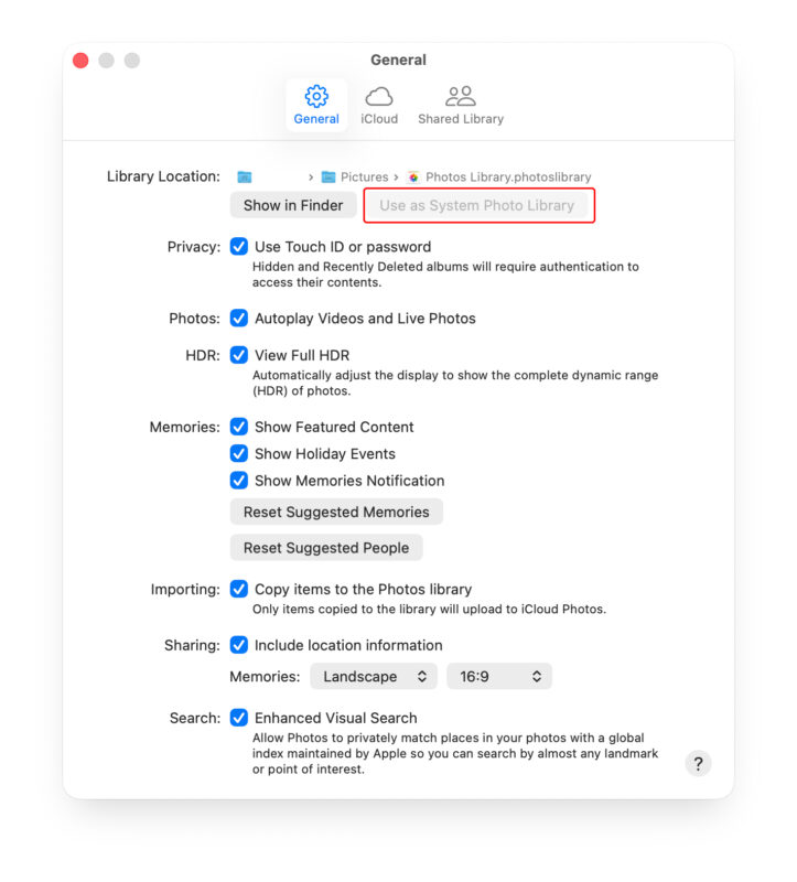 Thiết Lập Thư Viện Mới Là “System Photo Library”