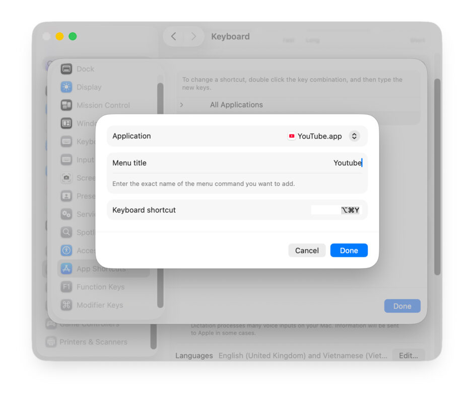 Cách Tạo Phím Tắt Bằng System Settings
