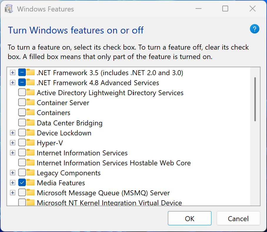 Bật .NET Framework 3.5 Trong Windows Features