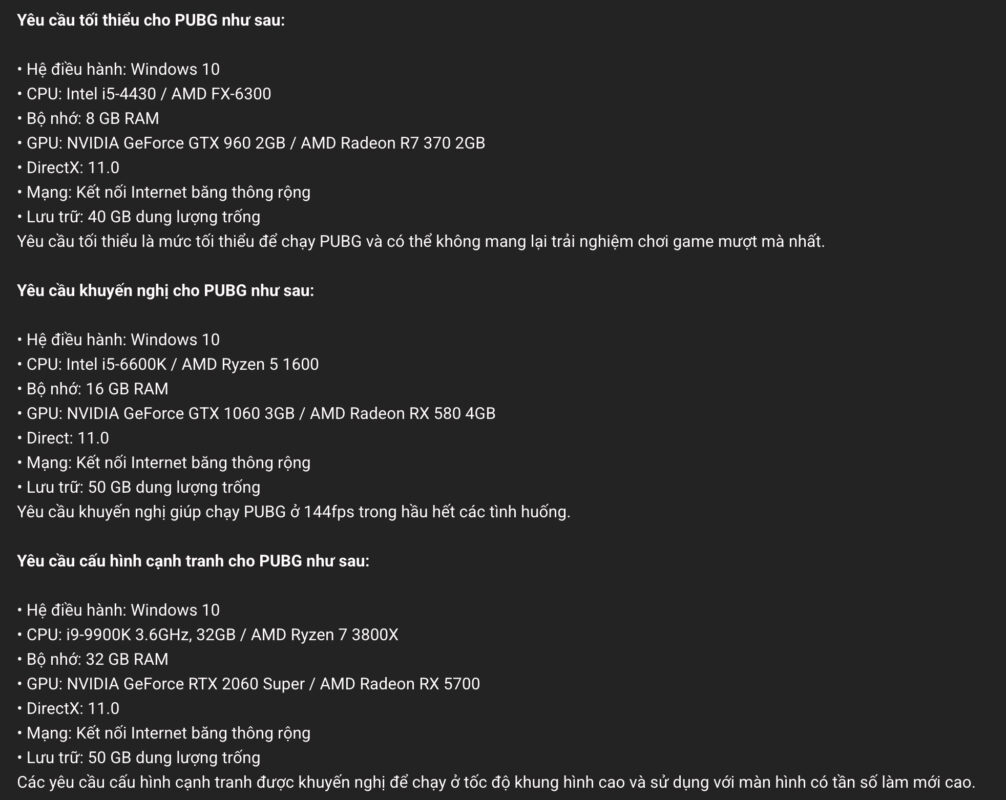 Gợi Ý Cấu Hình PC Chơi PUBG PC Năm 2026 Theo Từng Mức Đồ Họa 2 Cấu Hình Khuyến Nghị Của Nhà Phát Hành PUBG PC